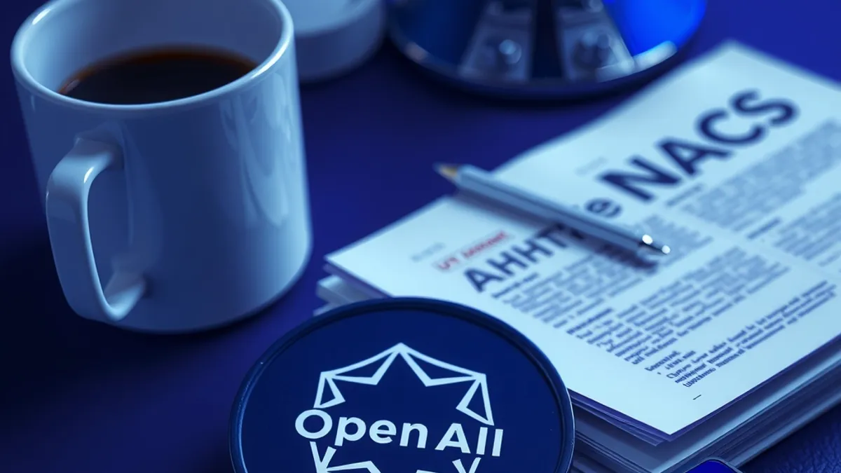 תג מזהה ללא לוגו של OpenAI מונח על שולחן לצד ניירות מודפסים, ספלי קפה ומקליט דיגיטלי עם אור אדום מהבהב